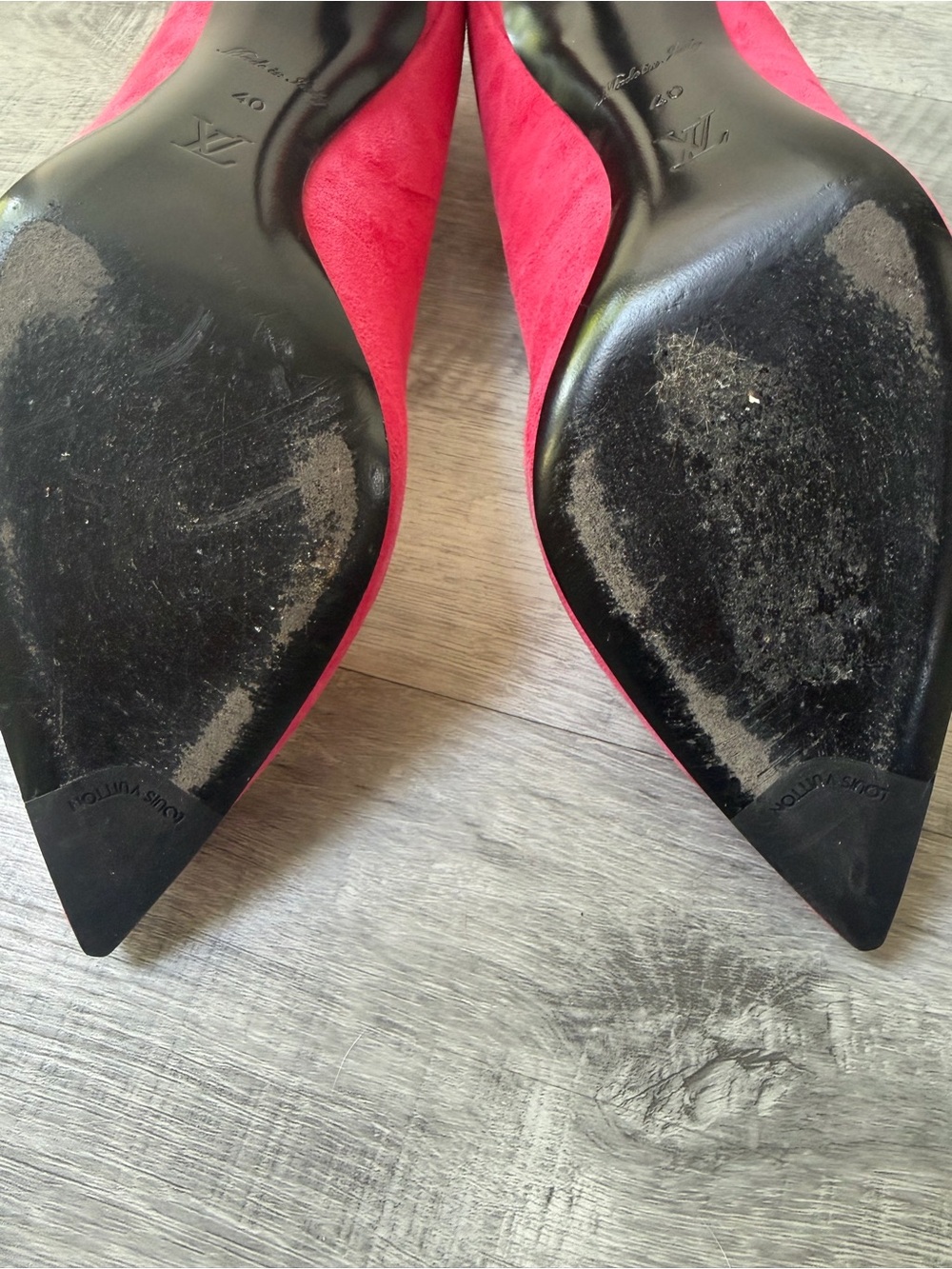 Louis Vuitton Pink Suede Pointed-Toe Heels with Crystal LV Emblem - Picture 9 of 14